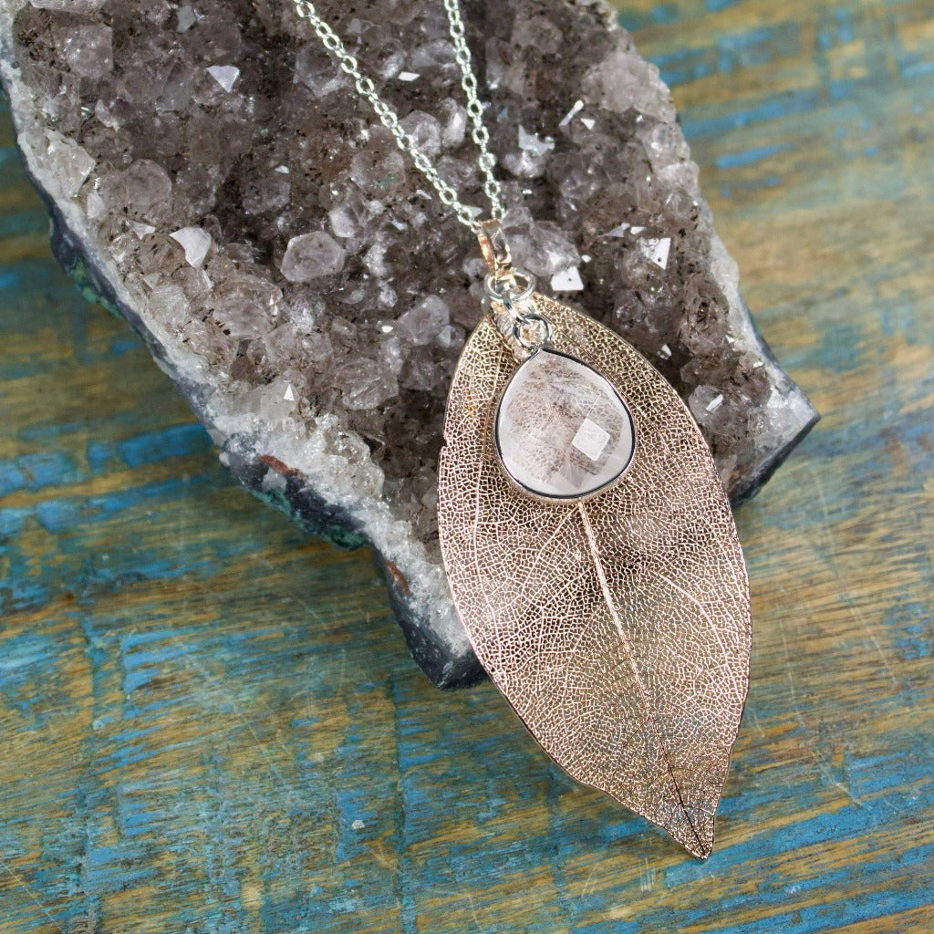 Rose Gold Leaf with Quartz Crystal Dreams Necklace