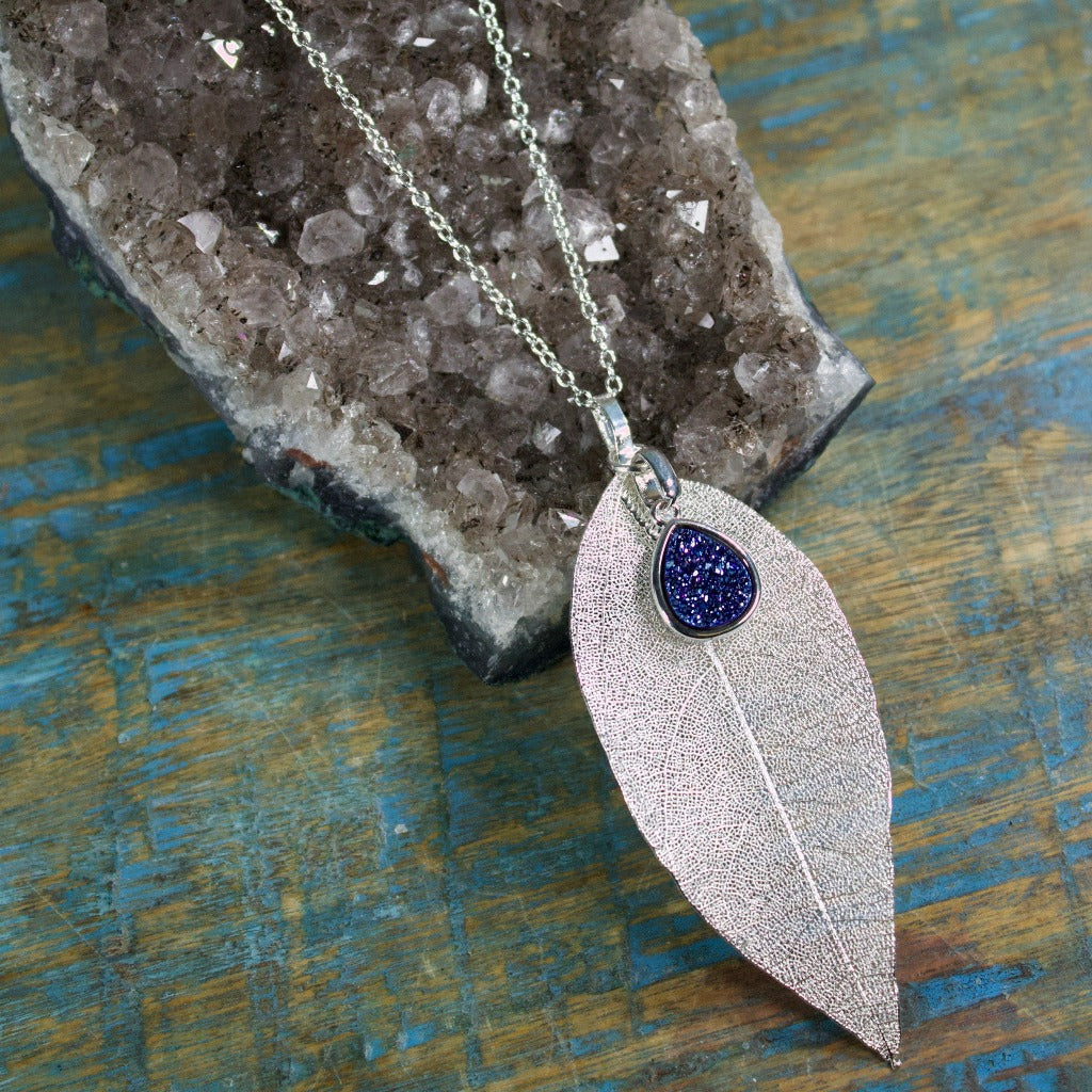 Silver Leaf with Blue Druzy Crystal Dreams Necklace