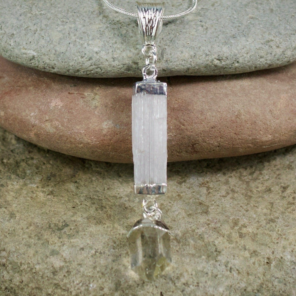 Selenite with Quartz Crystal Dangle Necklace